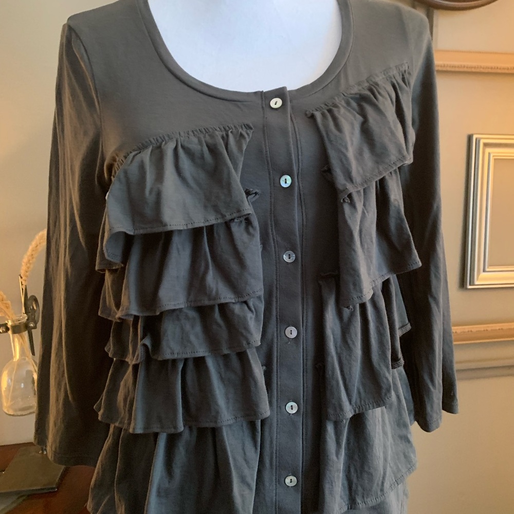 Garnet Hill ruffle cardigan. S. Grey. Super soft. Three quarter sleeved